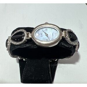 Japan movement wristwatch sterling silver black Onyx stones Mother of Pearl Face